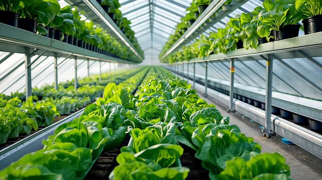 Modern greenhouse interior with rows of fresh hydroponic lettuce plants growing under bright natural sunlight