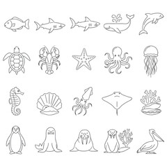Fototapeta premium 2D outline icons on black. Fish, dolphin, turtle, jellyfish, seahorse, octopus, and penguin shapes arranged in grid