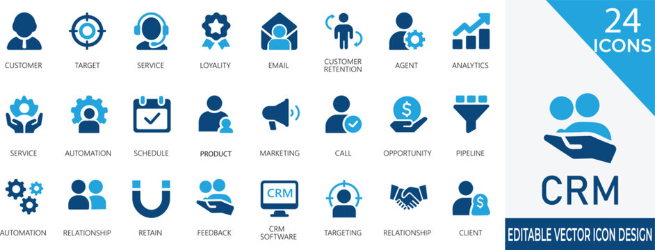 A clean and modern CRM icon set crafted for sales, customer management, and business growth. Perfect for dashboards, mobile apps, and marketing projects to enhance user engagement.