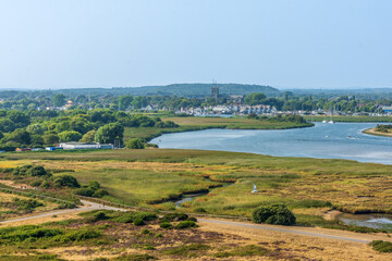 Hengistbury Head, Southbourne, UK - August 10th 2025: View from Warren Hill of Christchurch Harbour and Christchurch.