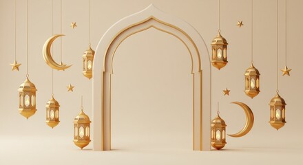 Ornate archway with hanging golden lanterns, stars, and crescent moons against a tan background
