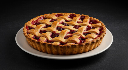 A whole cherry pie with lattice crust on a white plate against a dark background surface