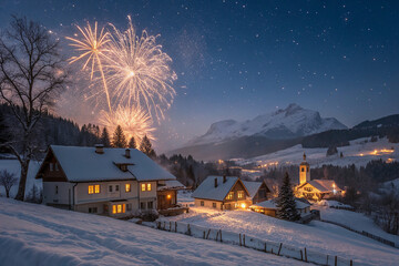 Festive village snow night sky fireworks image
