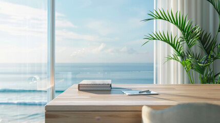 A minimalist desk overlooking the ocean, featuring stationery and a potted plant, creating a serene workspace that embodies tranquility and simplicity.