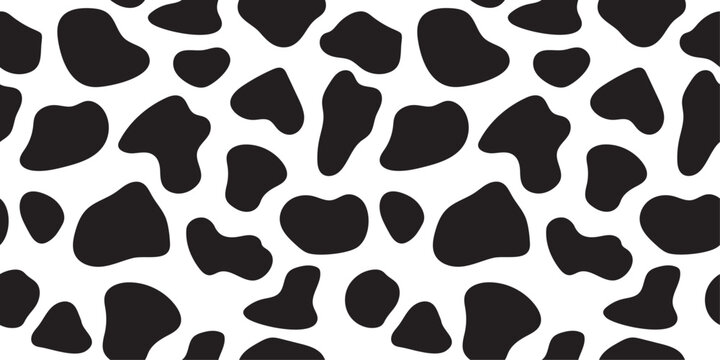 Dalmatian print texture. Seamless cow pattern. Black and white animal background woth irregular spots. Backdrop for textile design, wrapping paper, fabric, cover, wallpaper.
