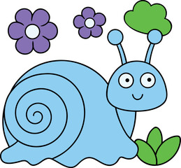 Naklejka premium Happy snail crawling on the grass with flowers and leaves Vector illustration