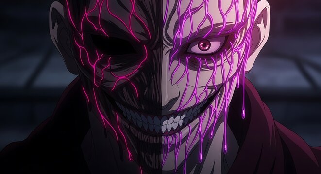 Intense anime villain portrait with striking pink energy, half shadowed face, conveying dark fantasy and supernatural power, perfect for edgy designs