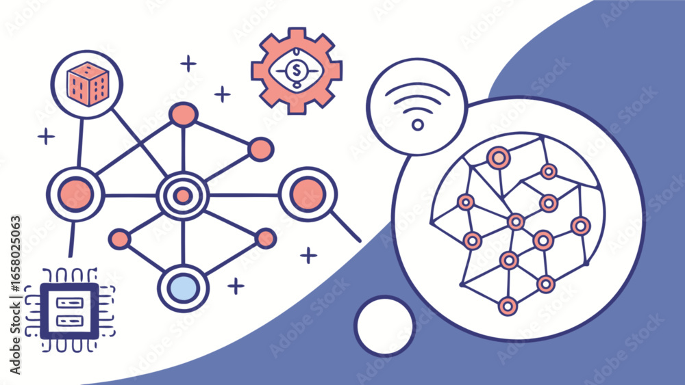 Poster blockchain technology network diagram with ai chip and data analysis for decentralized system and se