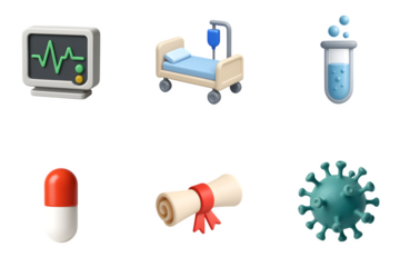 Collection of medical icons representing healthcare treatment research and disease set against a black background