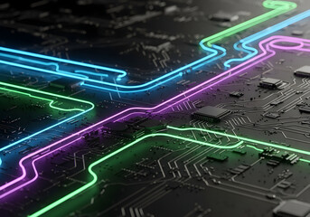 Close-up of a complex circuit board with glowing neon green and purple data pathways technology electronics