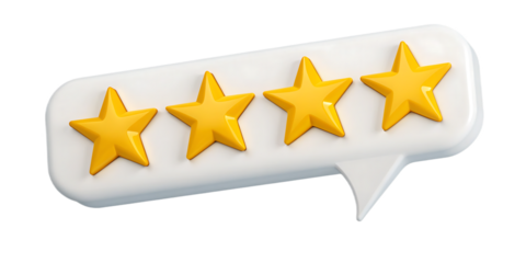 Four stars rating in speech bubble representing customer feedback and service quality for business excellence and product recommendation