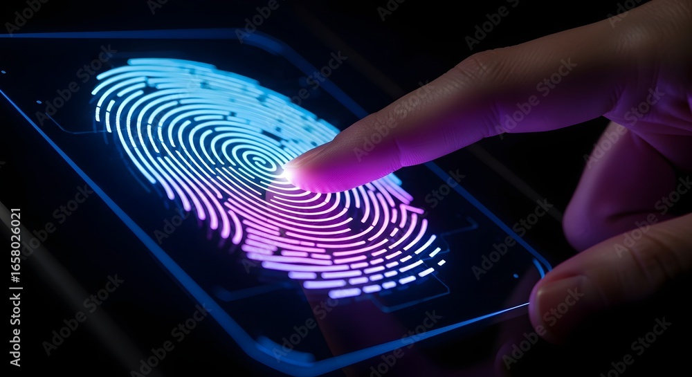 Poster abstract fingerprint biometric technology digital art futuristic neon pink blue light scan security 