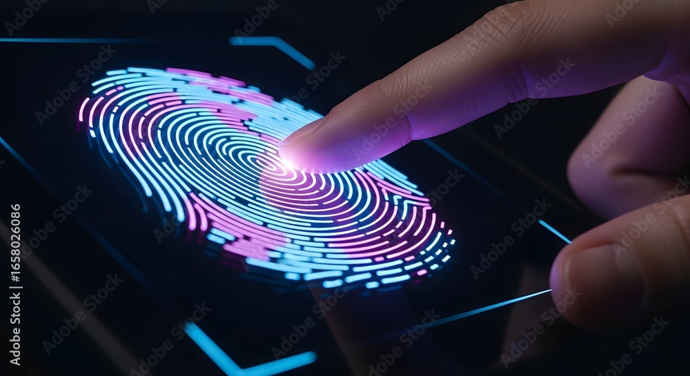 Poster abstract fingerprint biometric technology digital art futuristic neon pink blue light scan security 