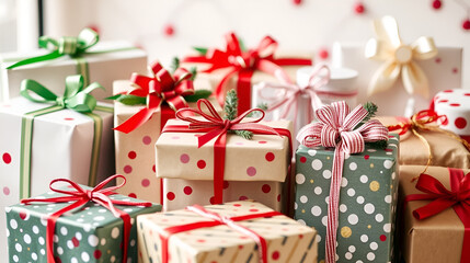 A cheerful scene depicting wrapped gifts adorned with ribbons and decorations, conveying the excitement of festivities and the joy of giving during the holiday season.