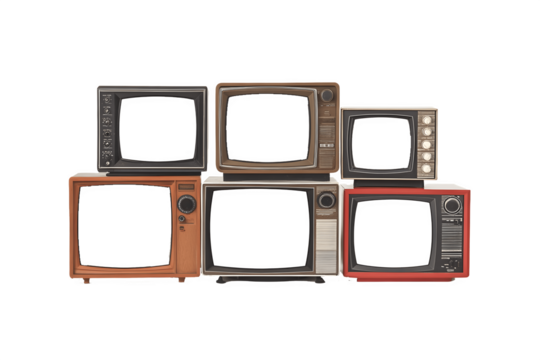 A stack of vintage and retro televisions with blank white screens
