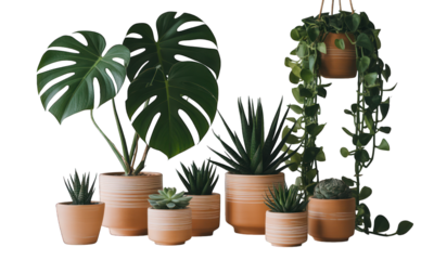 Various houseplants in terracotta pots, foliage mostly green, against dark background
