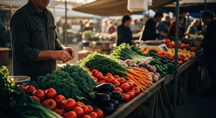 A farmer's market scene, fresh produce abounds. A man tends to a stall, surrounded by vibrant vegetables and people
