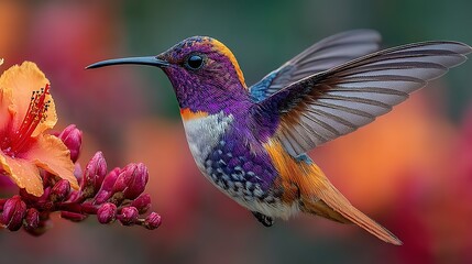 Fototapeta premium Purple Hummingbird Feeding on Red Flower in Costa Rican Rainforest, Hyper-Detailed Render with Natural Light and Green Bokeh 