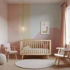 Minimal Baby Room &ndash; A calm and modern baby nursery with pastel tones, a wooden crib, soft rug, and subtle decorative details, creating a peaceful minimalist space.