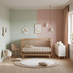Minimal Baby Room &ndash; A calm and modern baby nursery with pastel tones, a wooden crib, soft rug, and subtle decorative details, creating a peaceful minimalist space.
