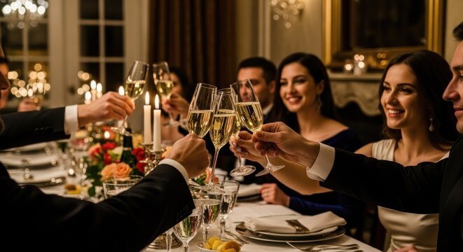 A group toasts with champagne glasses at a formal dinner