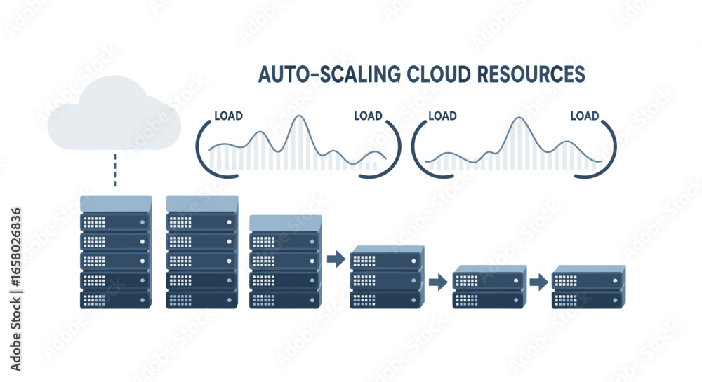 Poster illustration depicting auto-scaling cloud resources, showing server capacity adjusting to varying lo