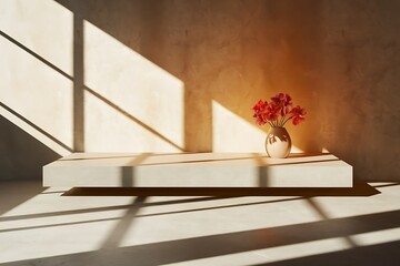 Sunlit Minimalist Interior Design with Elegant White Platform and Flower Vase