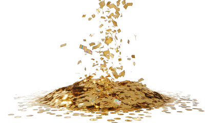 Glistening gold pieces tumble, forming a glittering, piled heap