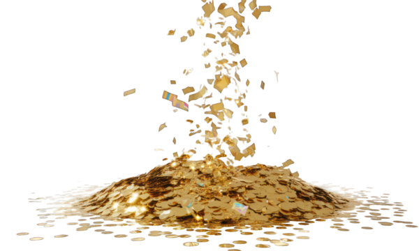 Glistening gold pieces tumble, forming a glittering, piled heap