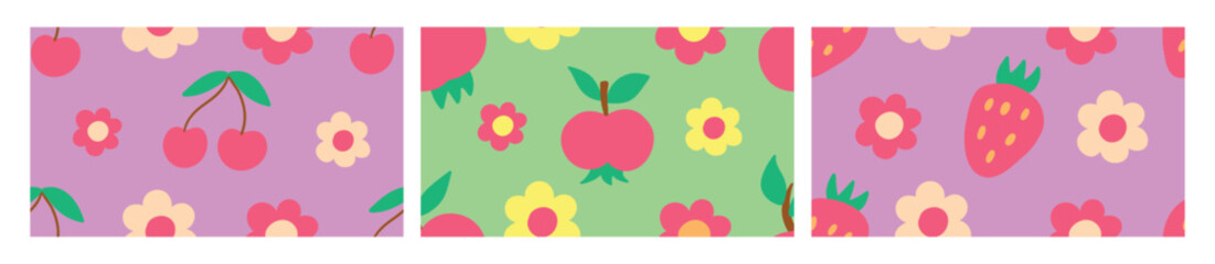 set of minimalistic patterns. Pattern with apple, cherry, strawberry. Seamless doodle background.  seamless doodle. Minimalistic background  for kids