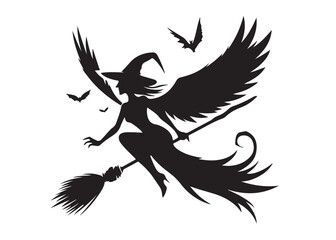 flying witch logo silhouette vector, witch on broom logo vector silhouette illustration, flying witch silhouette design, halloween flying witch on broom logo silhouette vector on white background