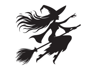 flying witch logo silhouette vector, witch on broom logo vector silhouette illustration, flying witch silhouette design, halloween flying witch on broom logo silhouette vector on white background