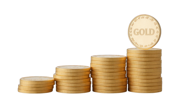 Stacks of coins in ascending size with "GOLD" coin on top
