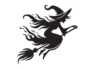 flying witch logo silhouette vector, witch on broom logo vector silhouette illustration, flying witch silhouette design, halloween flying witch on broom logo silhouette vector on white background