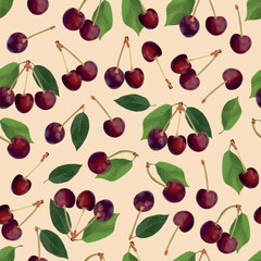 Realistic red cherry seamless pattern on beige background.