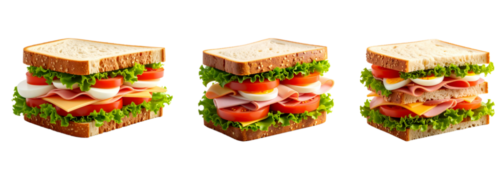 Sandwich 3d set collection with ham, cheese, tomatoes and salad, egg, corner sandwich, realistic 3d.