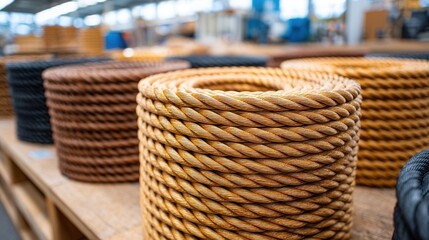 Obraz premium A collection of coiled ropes in various colors displayed in a warehouse. Ideal for industrial and crafting applications.