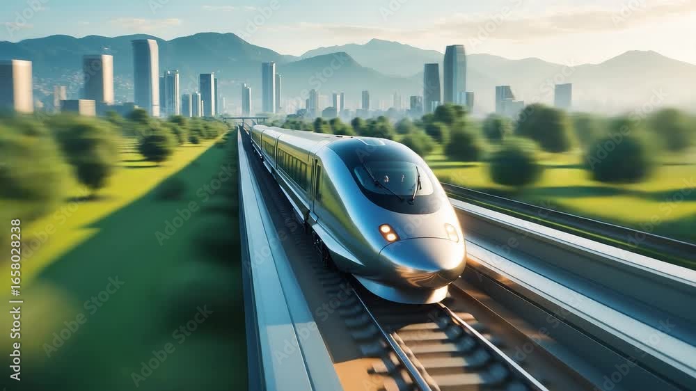 Poster modern high speed bullet train moving on railway track through green landscape towards futuristic ci