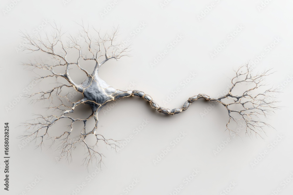 Poster depiction of a hyperrealistic single neuron against a white background highlighting its detailed str