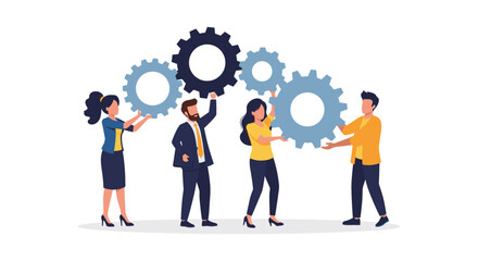 Diverse team of professionals collaborating to connect gears, symbolizing teamwork, synergy, and business success in a modern office.