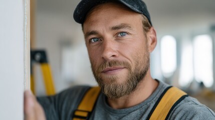 A close-up portrait of a male construction worker with a beard, wearing a cap and work attire, showcasing a focused expression in a well-lit environment.