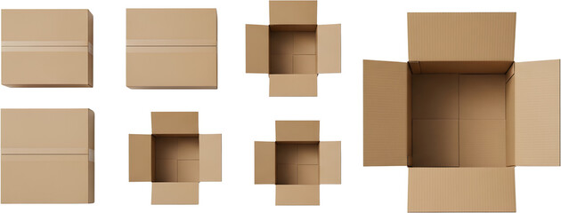 Collection of open and closed cardboard boxes shipping cartons with taped seams brown paper packaging isolate