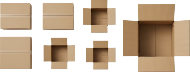 Collection of open and closed cardboard boxes shipping cartons with taped seams brown paper packaging isolate