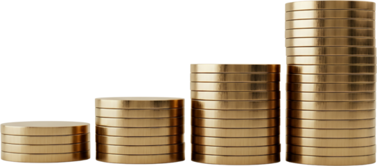 Four stacks of gold coins increasing in height from left to right representing financial growth and savings isolate transparent background
