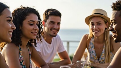 Happy Diverse Friends Laughing Together at Summer Lunch Outdoors - Powered by Adobe