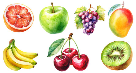 Set of fruits and berries isolated on transparent background. Warecolor illustration. Grapefruit, apple, grapes, mango, bananas, cherry, kiwi
