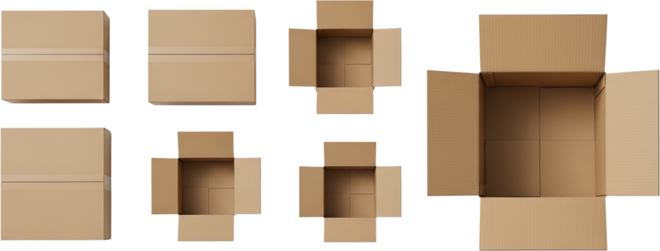 Collection of open and closed cardboard boxes shipping cartons with taped seams brown paper packaging isolate