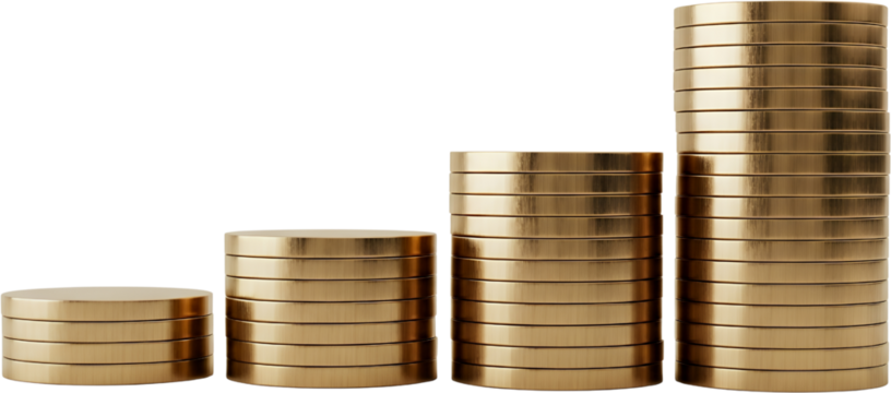 Four stacks of gold coins increasing in height from left to right representing financial growth and savings isolate transparent background
