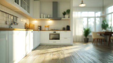 Modern kitchen interior decorated for fall with orange pumpkins, autumn home decoration