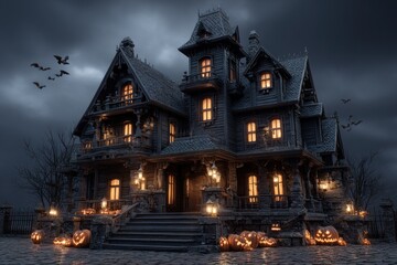Obraz premium A haunted house stands ominously with dark clouds overhead, lanterns lighting its entrance and carved pumpkins scattered around